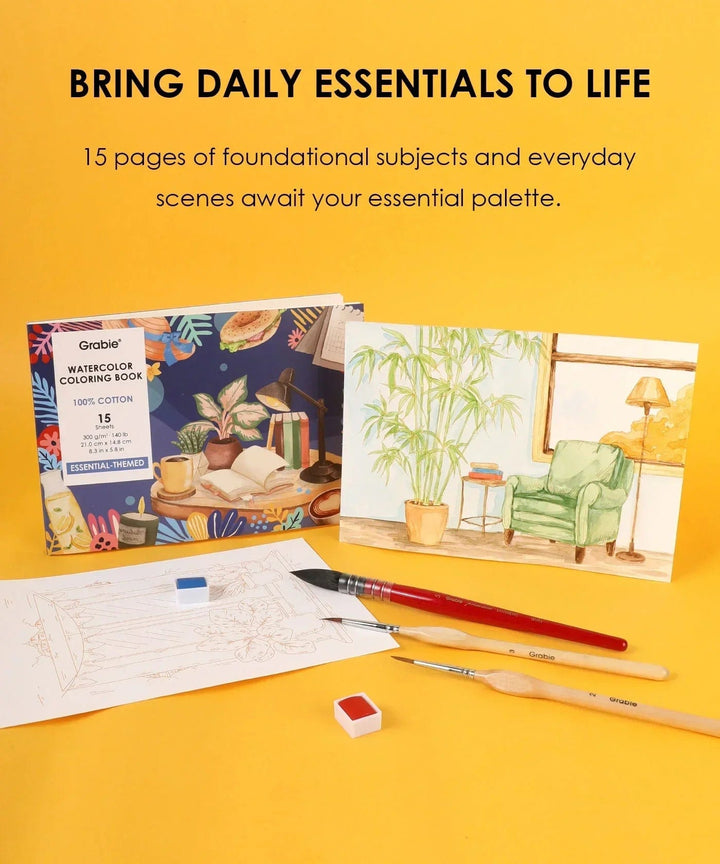 Grabie Gifts 15 Sheets 140LB Essential-Themed Watercolor Coloring Book | Grabie