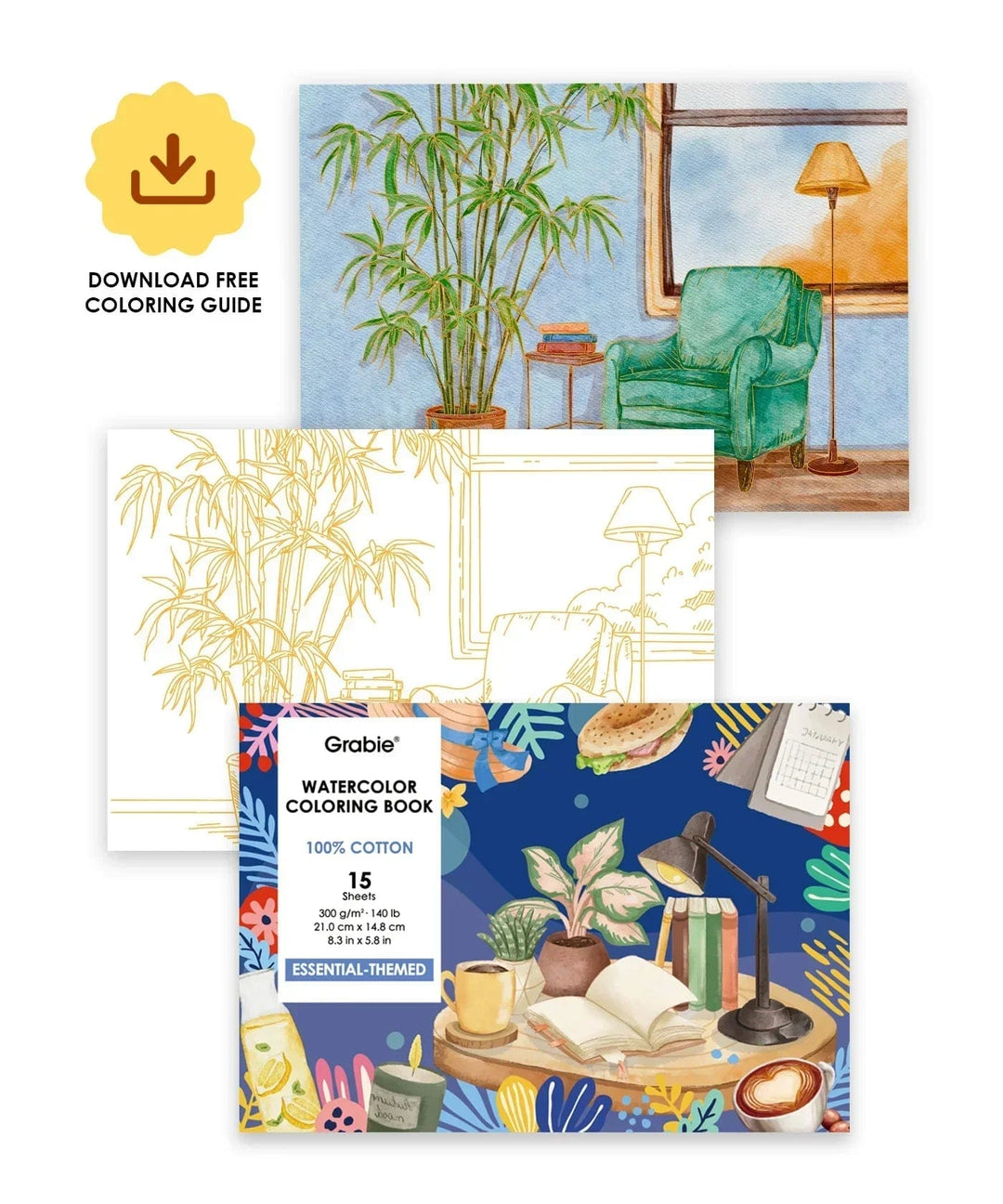 Grabie Gifts 15 Sheets 140LB Essential-Themed Watercolor Coloring Book | Grabie