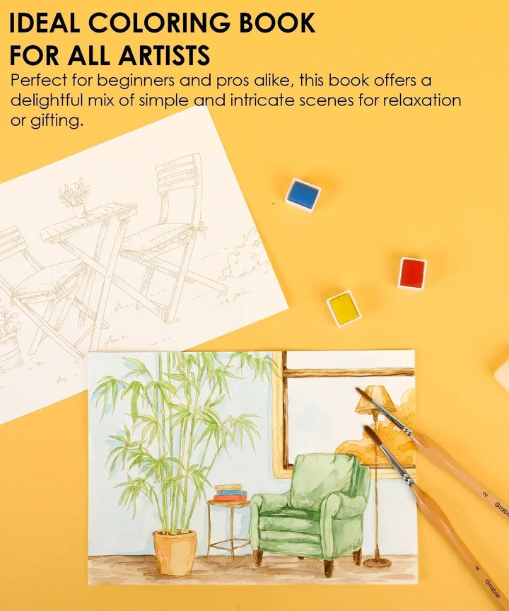 Grabie Gifts 15 Sheets 140LB Essential-Themed Watercolor Coloring Book | Grabie