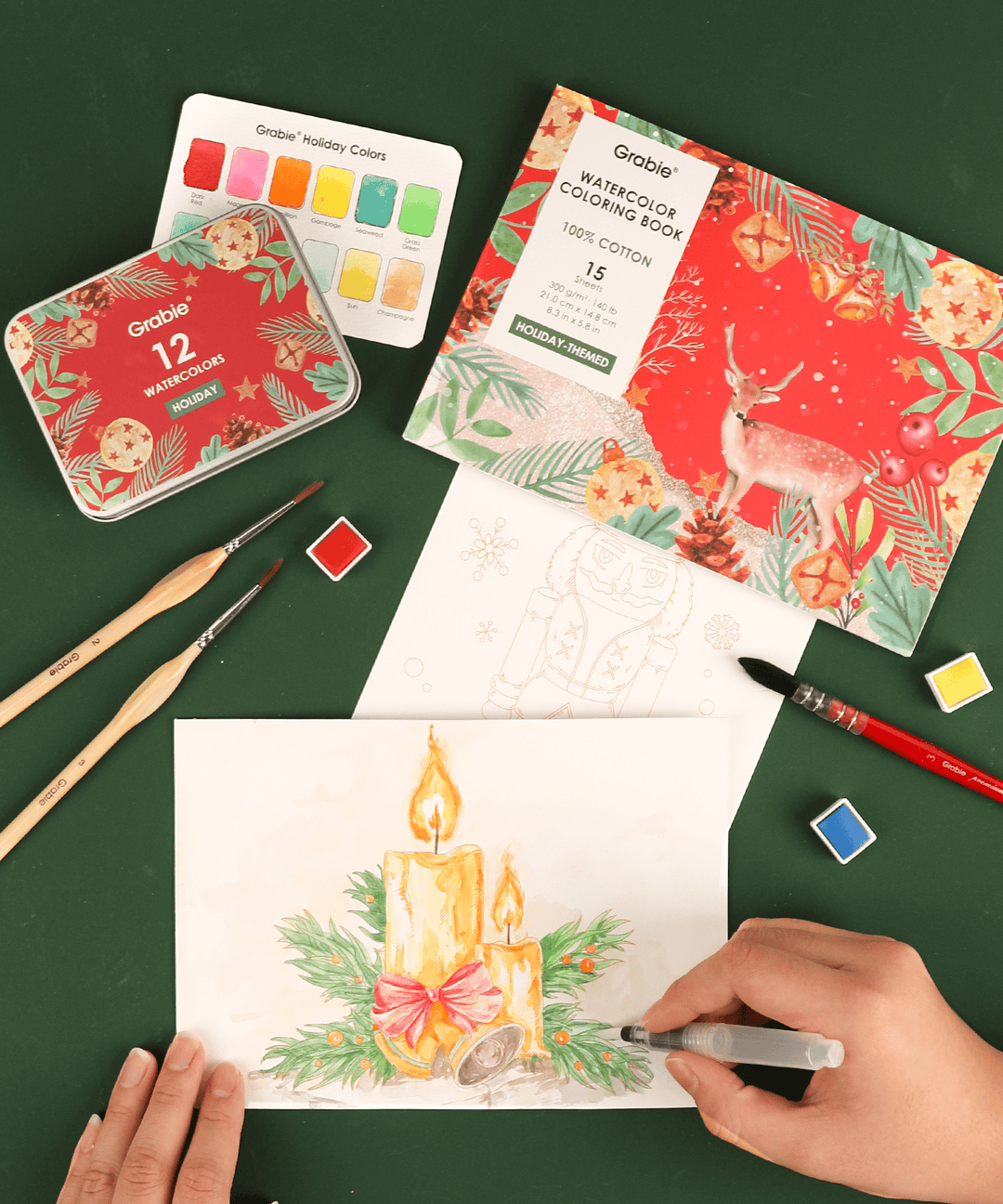 Grabie Gifts 15 Sheets 140LB Holiday-Themed Watercolor Coloring Book | Grabie