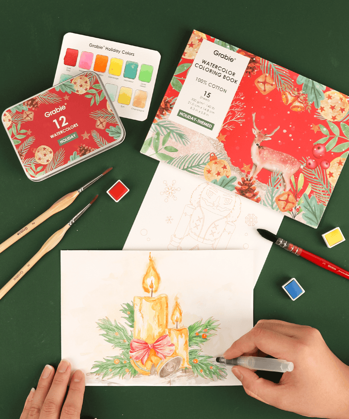Grabie Gifts 15 Sheets 140LB Holiday-Themed Watercolor Coloring Book | Grabie
