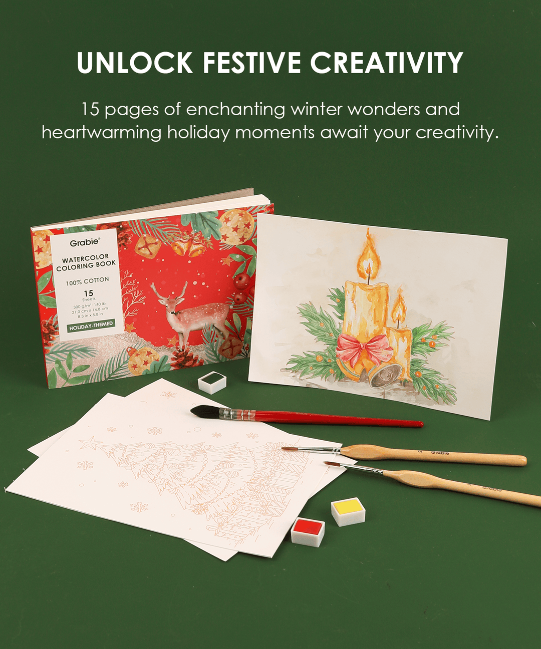 Grabie Gifts 15 Sheets 140LB Holiday-Themed Watercolor Coloring Book | Grabie