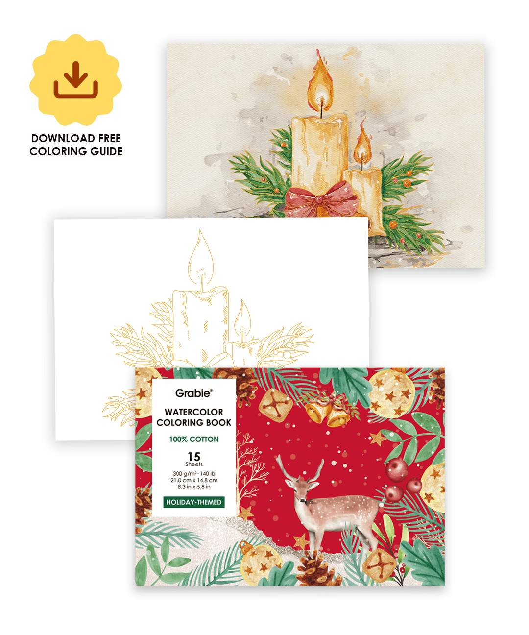 Grabie Gifts 15 Sheets 140LB Holiday-Themed Watercolor Coloring Book | Grabie