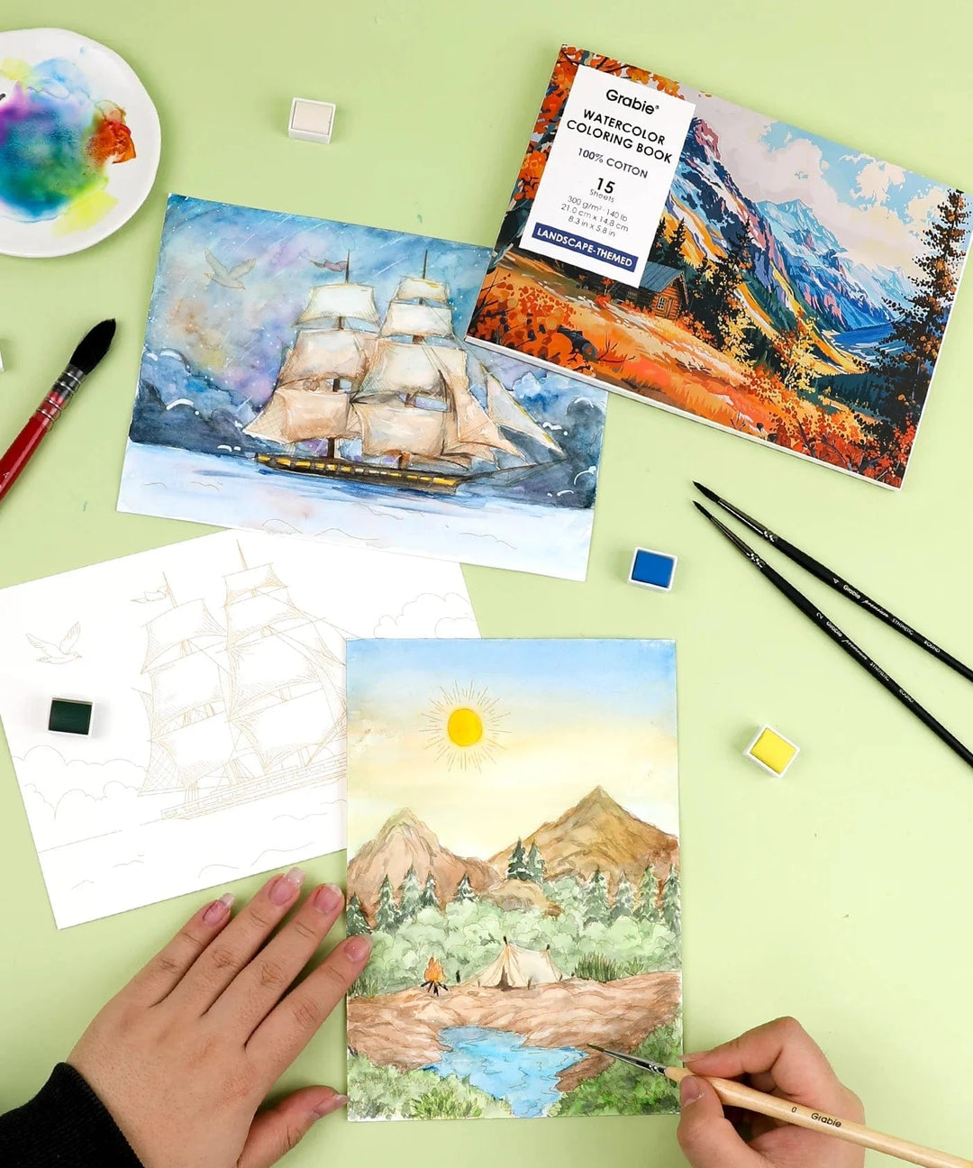 Grabie Gifts 15 Sheets 140LB Landscape-Themed Watercolor Coloring Book
