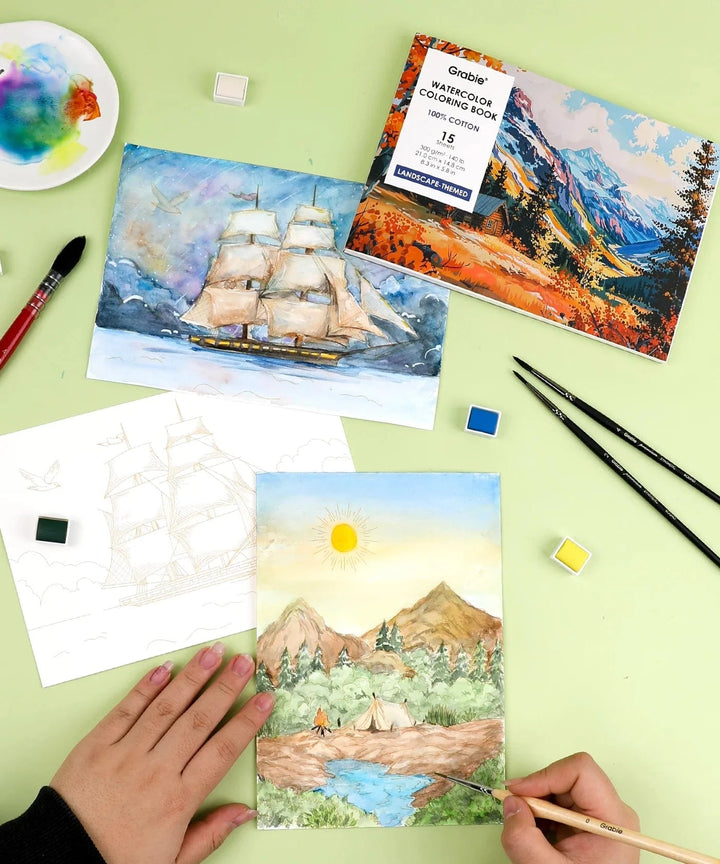 Grabie Gifts 15 Sheets 140LB Landscape-Themed Watercolor Coloring Book