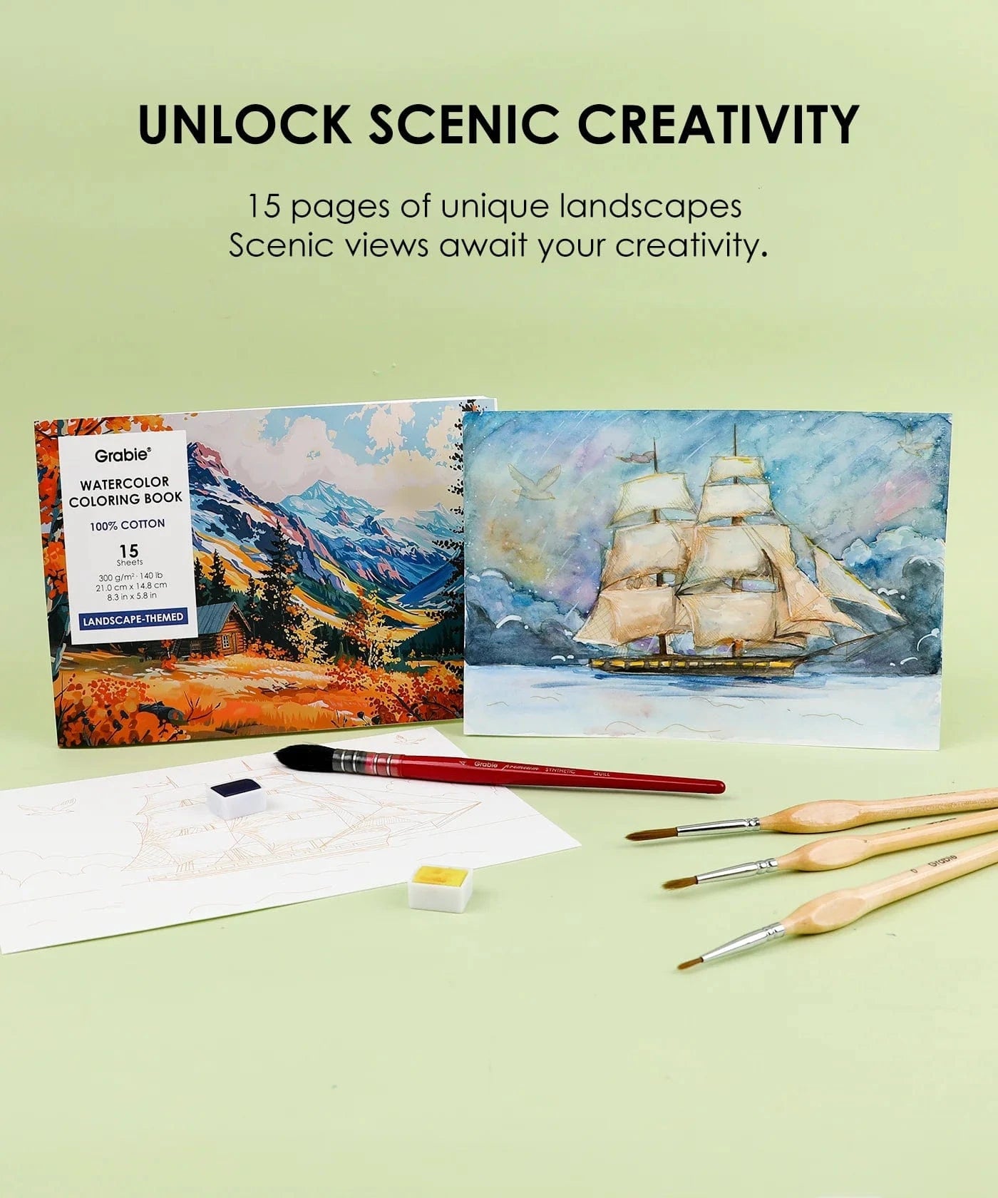 Grabie Gifts 15 Sheets 140LB Landscape-Themed Watercolor Coloring Book