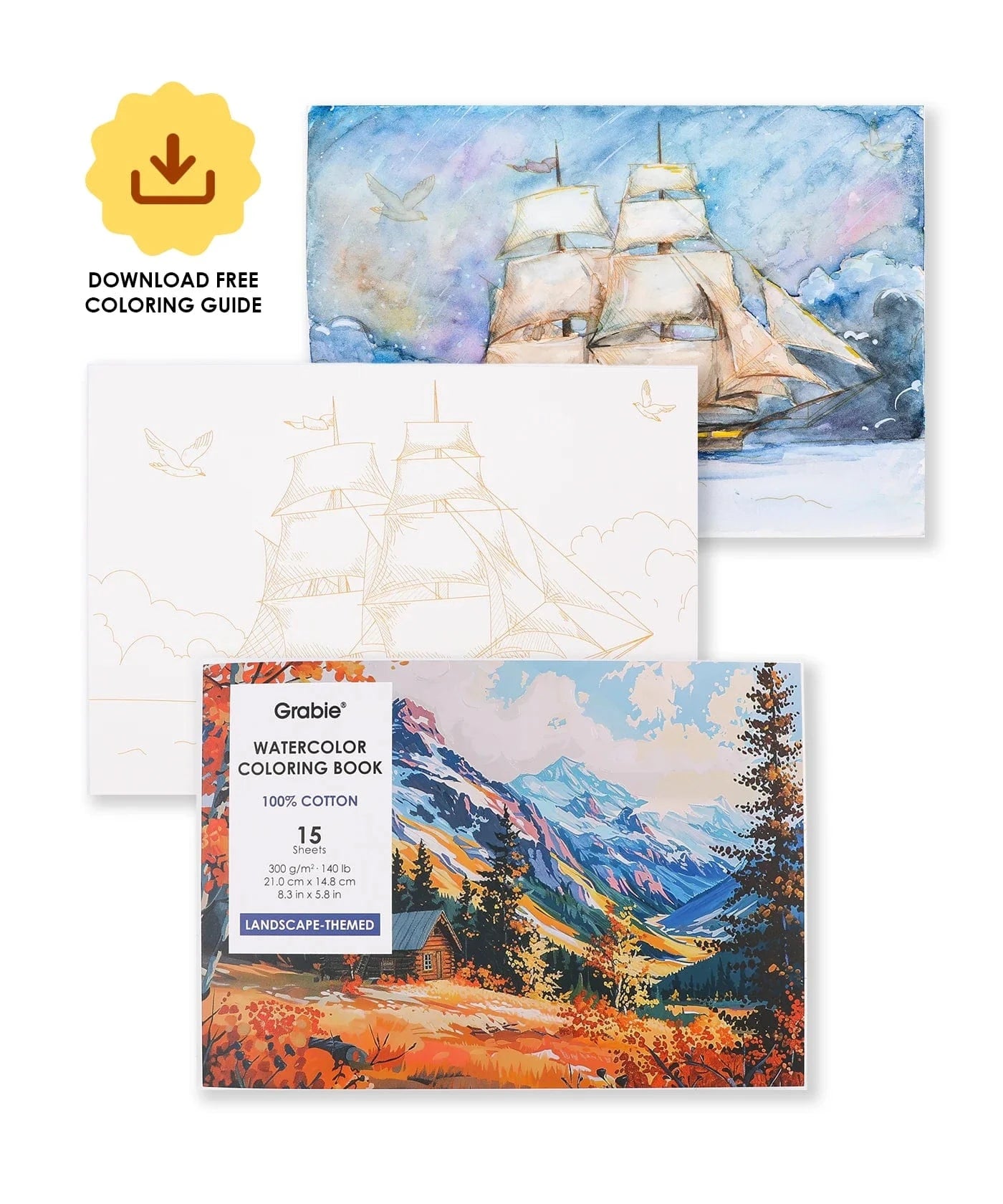 Grabie Gifts 15 Sheets 140LB Landscape-Themed Watercolor Coloring Book