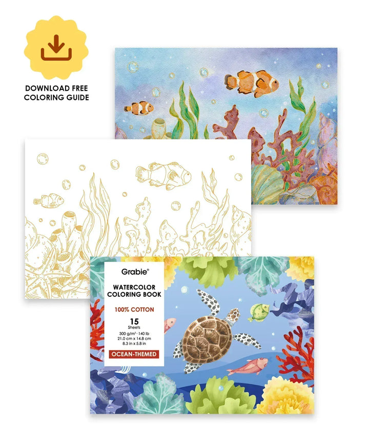 Grabie Gifts 15 Sheets 140LB Ocean-Themed Watercolor Coloring Book