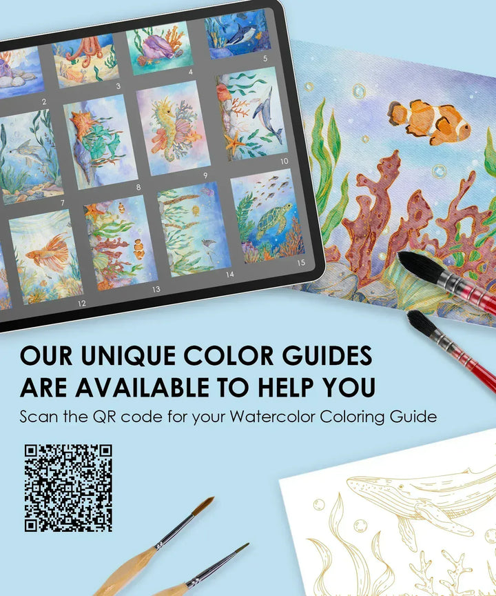 Grabie Gifts 15 Sheets 140LB Ocean-Themed Watercolor Coloring Book
