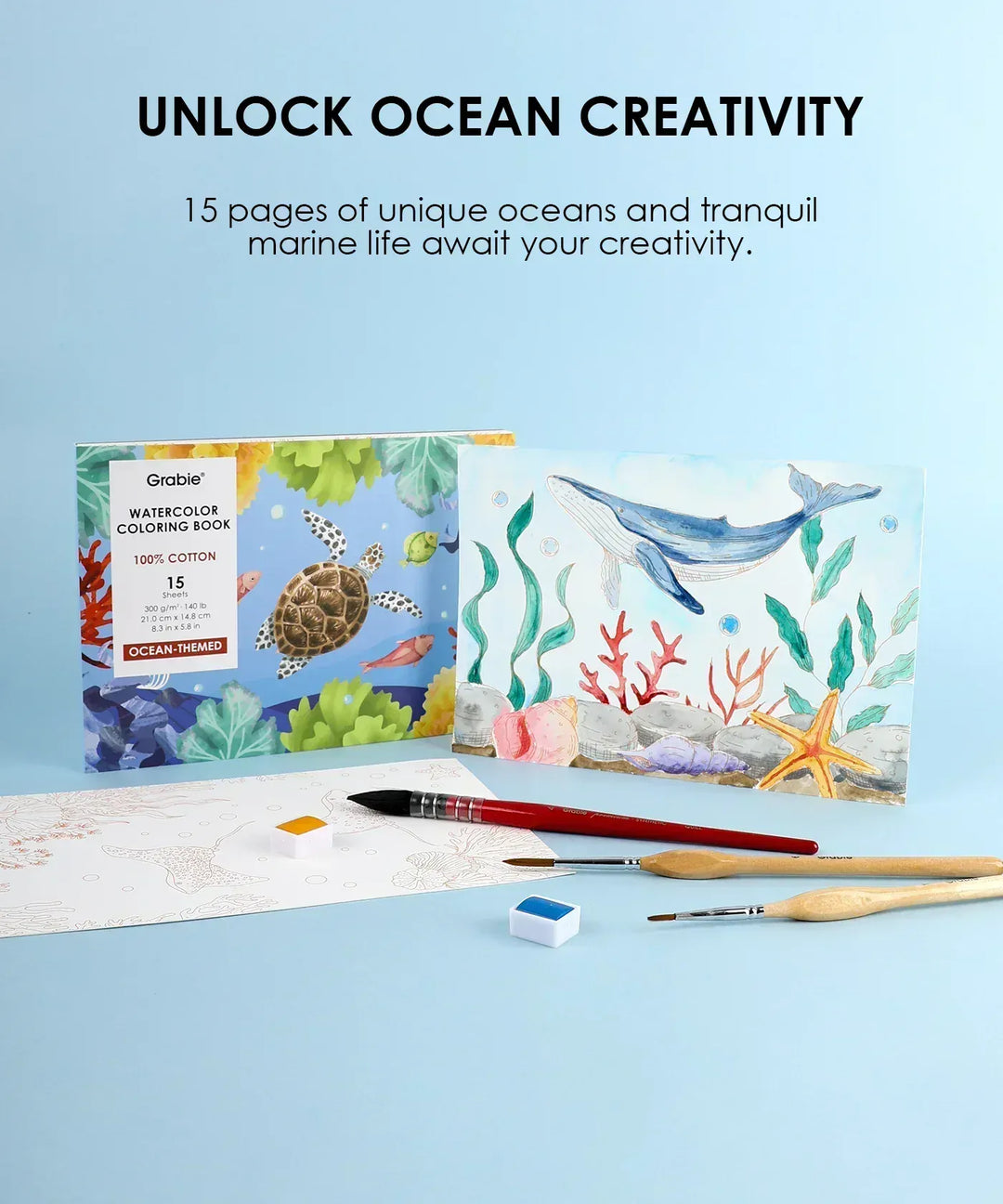 Grabie Gifts 15 Sheets 140LB Ocean-Themed Watercolor Coloring Book