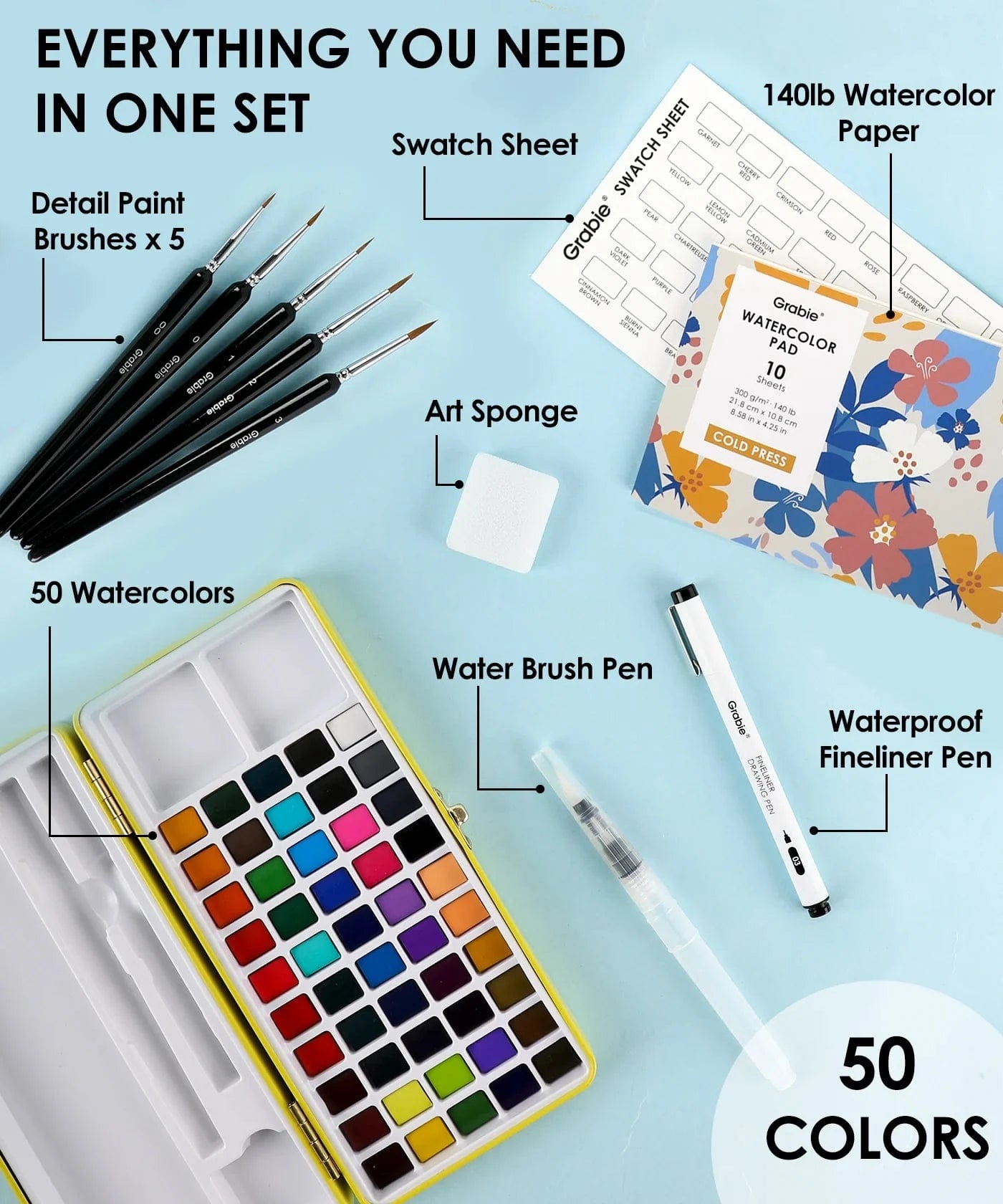 Grabie Gifts All-In-One Premium Watercolor Set of 50