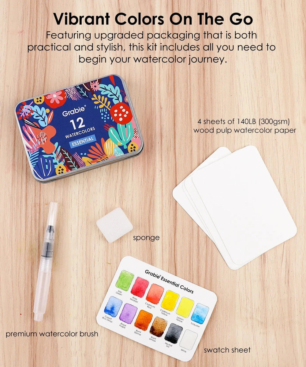 Grabie Gifts Watercolor Pocket Set of 12 - Essential Colors