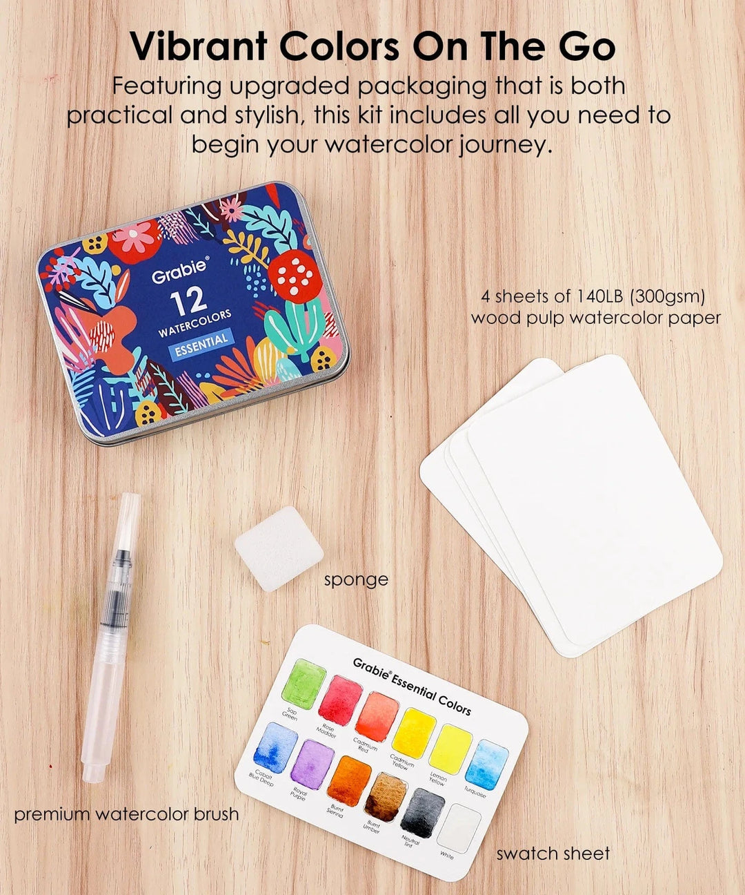 Grabie Gifts Watercolor Pocket Set of 12 - Essential Colors