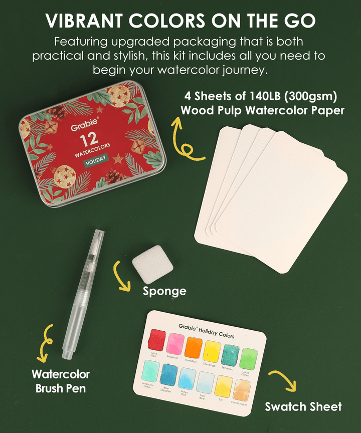 Grabie Gifts Watercolor Pocket Set of 12 - Holiday Colors | Grabie