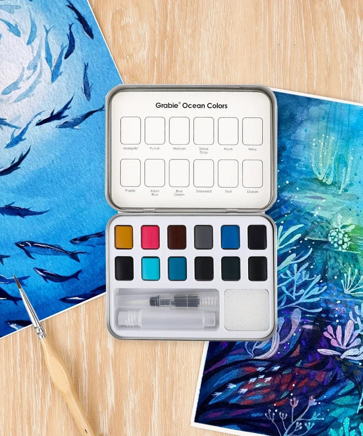 Grabie Gifts Watercolor Pocket Set of 12 - Ocean Colors | Grabie