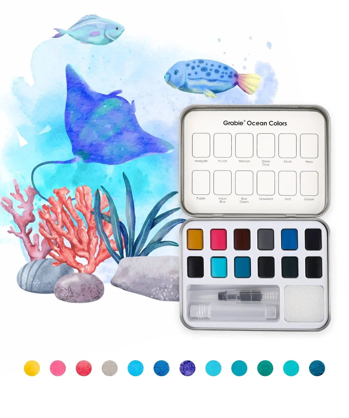 Grabie Gifts Watercolor Pocket Set of 12 - Ocean Colors | Grabie