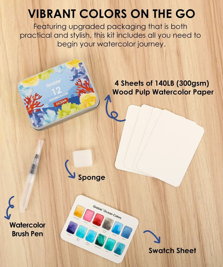 Grabie Gifts Watercolor Pocket Set of 12 - Ocean Colors | Grabie
