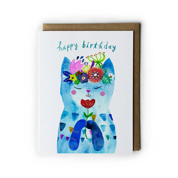 Honeyberry Studios Card Blue Flower Kitty Birthday Greeting Card