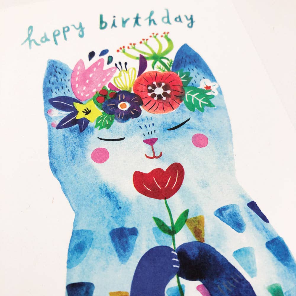 Honeyberry Studios Card Blue Flower Kitty Birthday Greeting Card