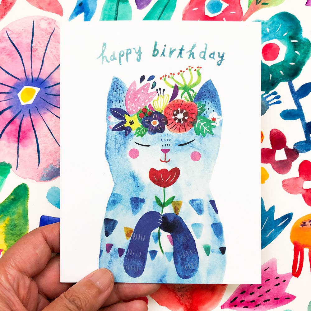 Honeyberry Studios Card Blue Flower Kitty Birthday Greeting Card