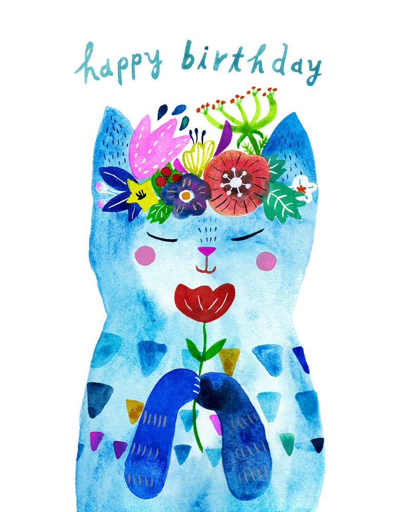 Honeyberry Studios Card Blue Flower Kitty Birthday Greeting Card