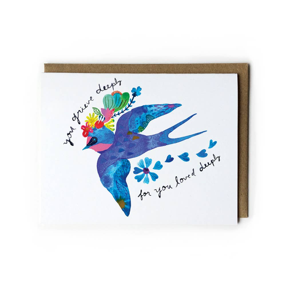 Honeyberry Studios Card Blue Swallow You Grieve Deeply Sympathy Greeting Card