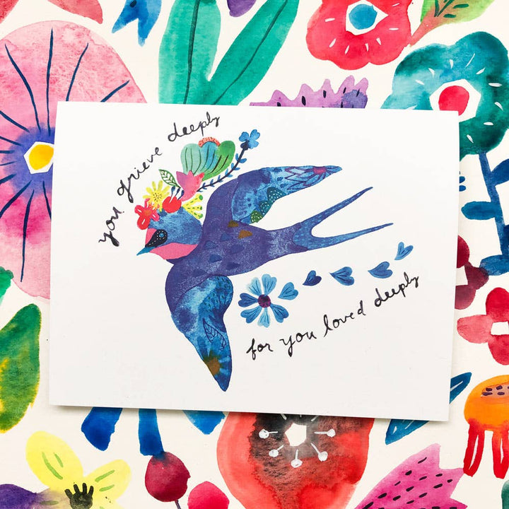 Honeyberry Studios Card Blue Swallow You Grieve Deeply Sympathy Greeting Card