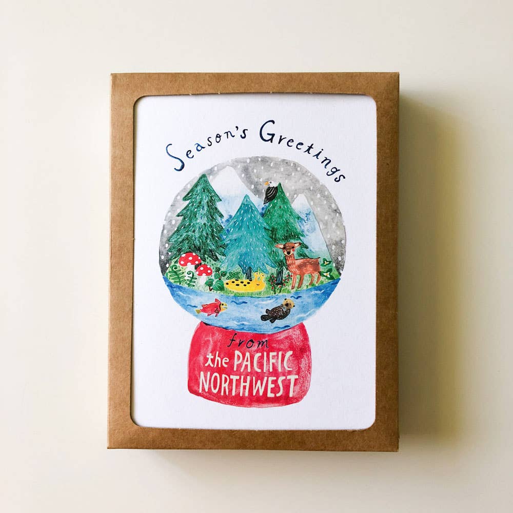 Honeyberry Studios Card Boxed Set of 6 The Pacific Northwest Snow Globe Holiday Greeting Card