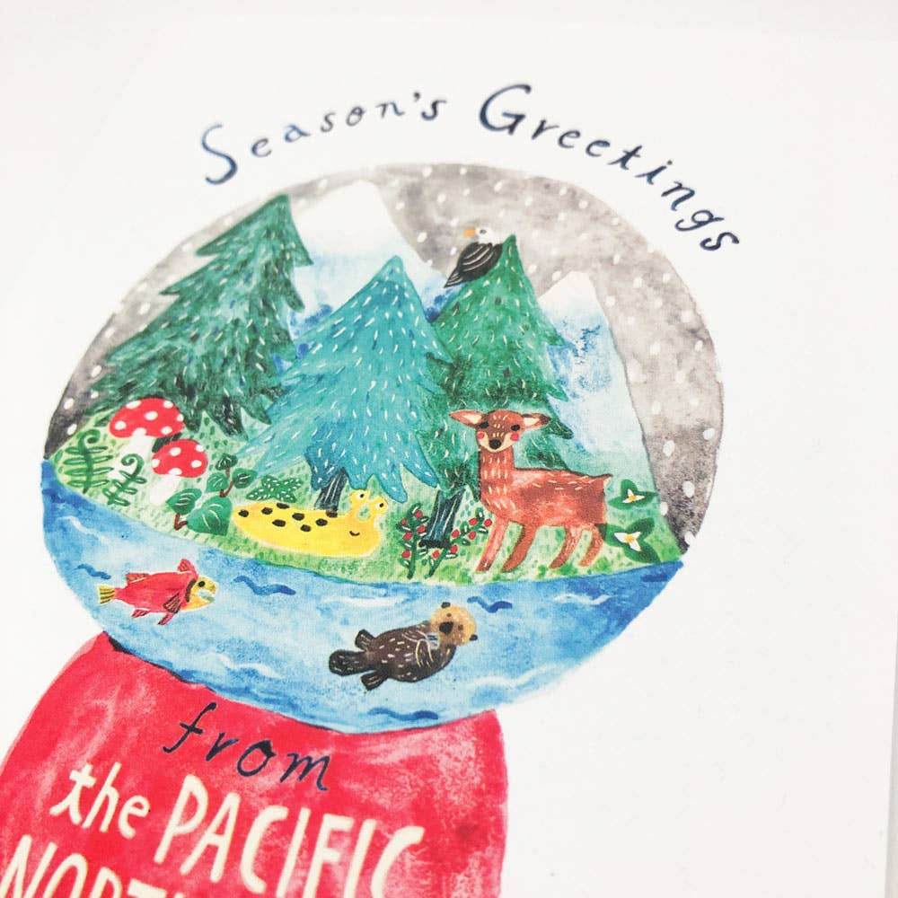 Honeyberry Studios Card The Pacific Northwest Snow Globe Holiday Greeting Card