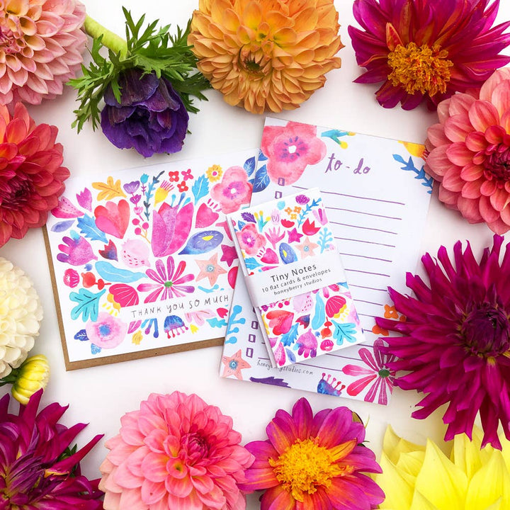 Honeyberry Studios Cards Pink & Red Flowers Tiny Notes