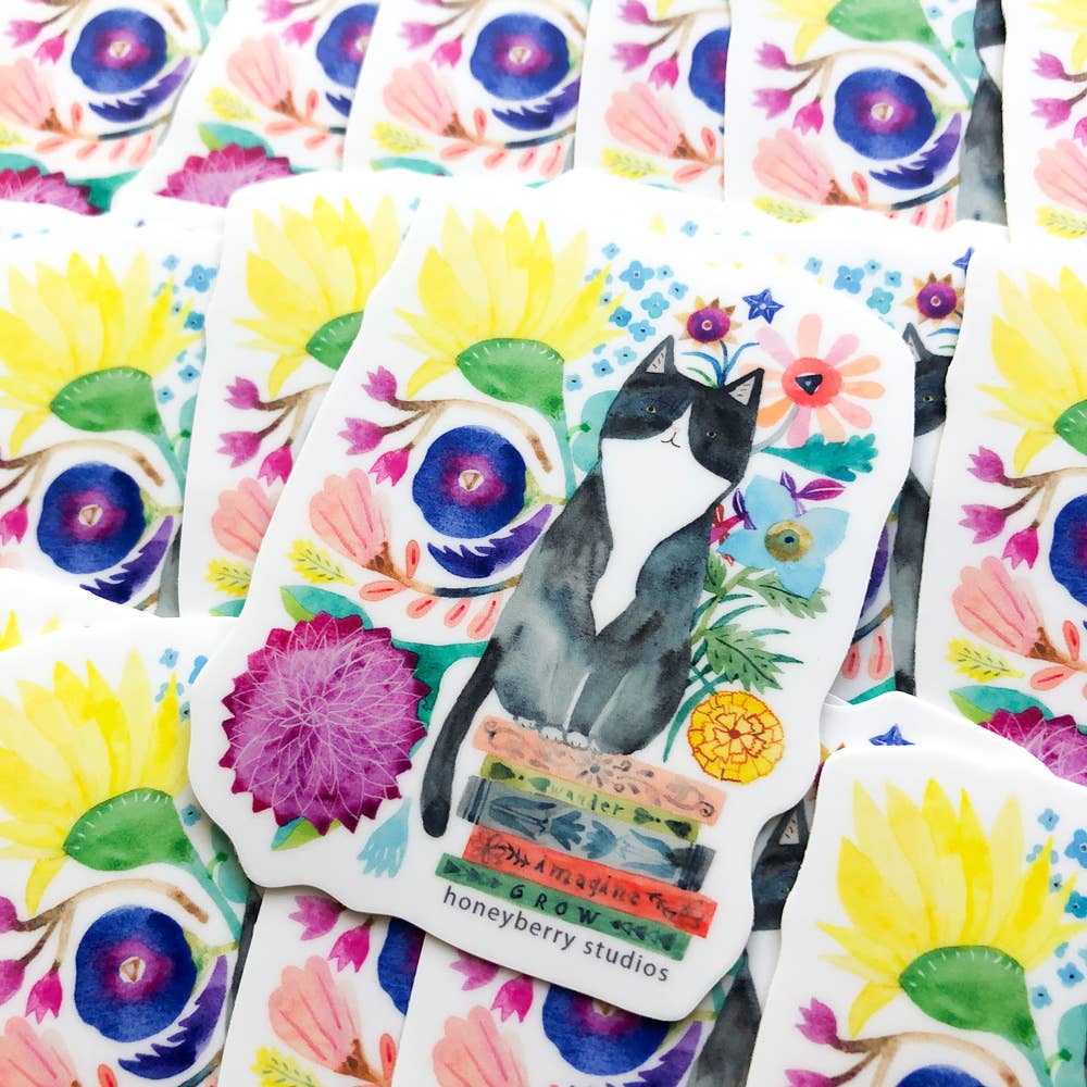 Honeyberry Studios Cards Tuxedo Cat & Books Vinyl Sticker