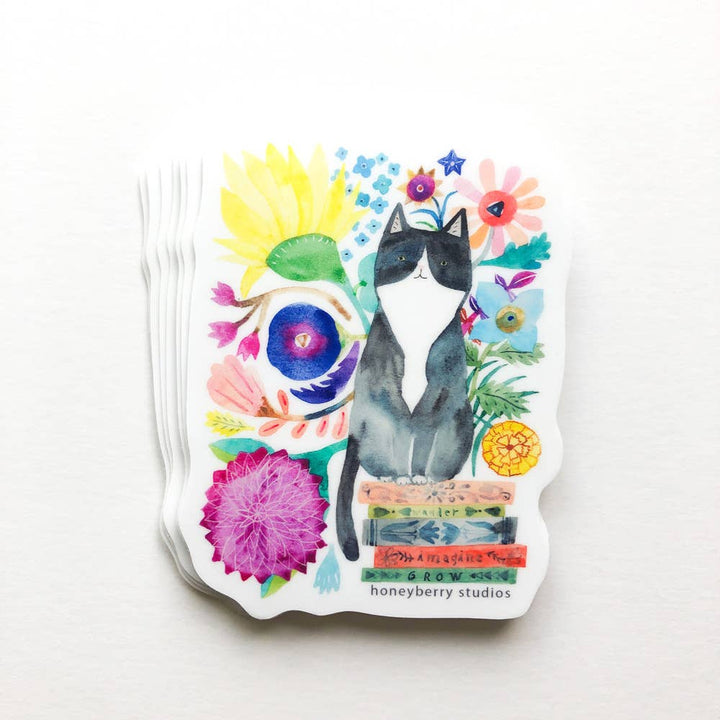 Honeyberry Studios Cards Tuxedo Cat & Books Vinyl Sticker