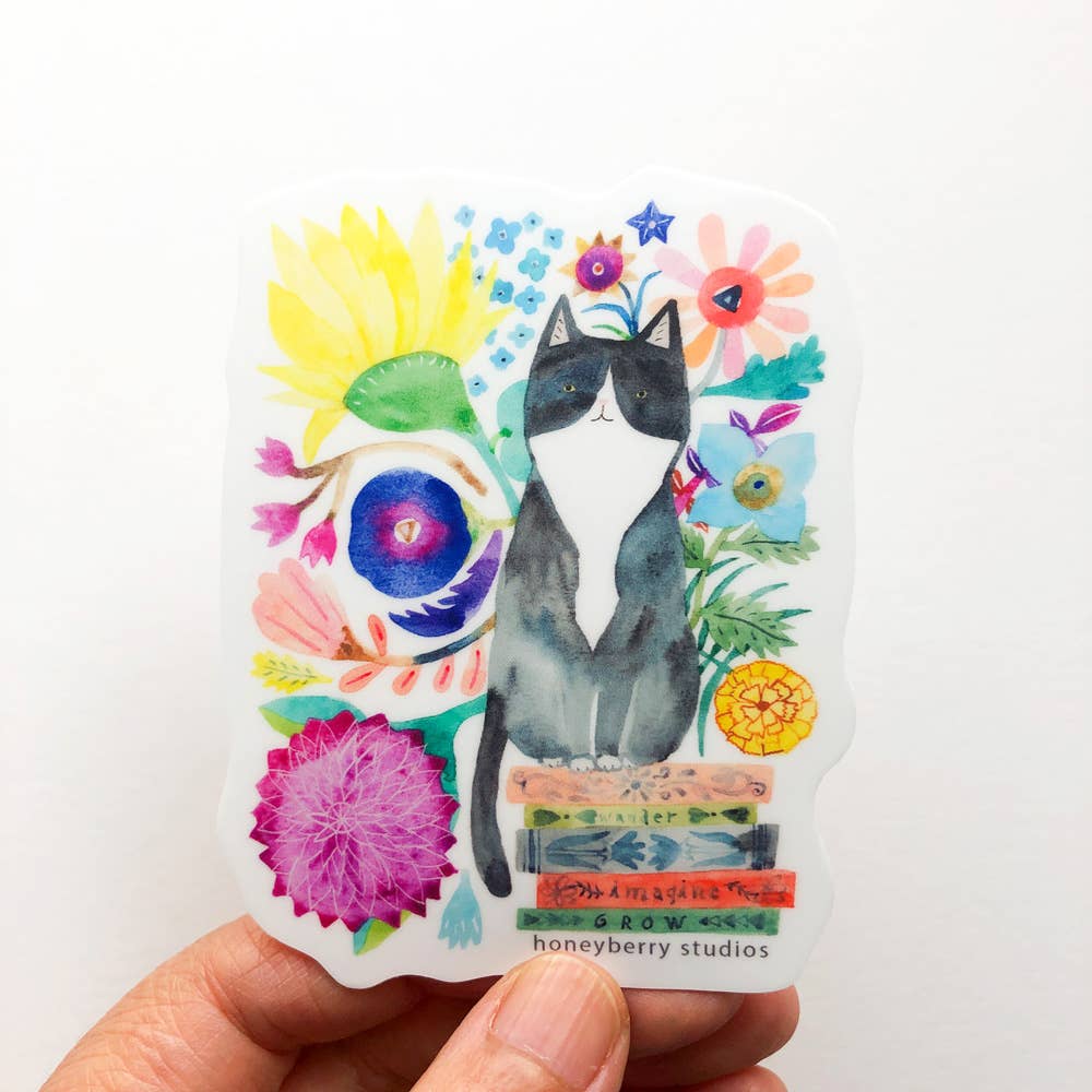 Honeyberry Studios Cards Tuxedo Cat & Books Vinyl Sticker