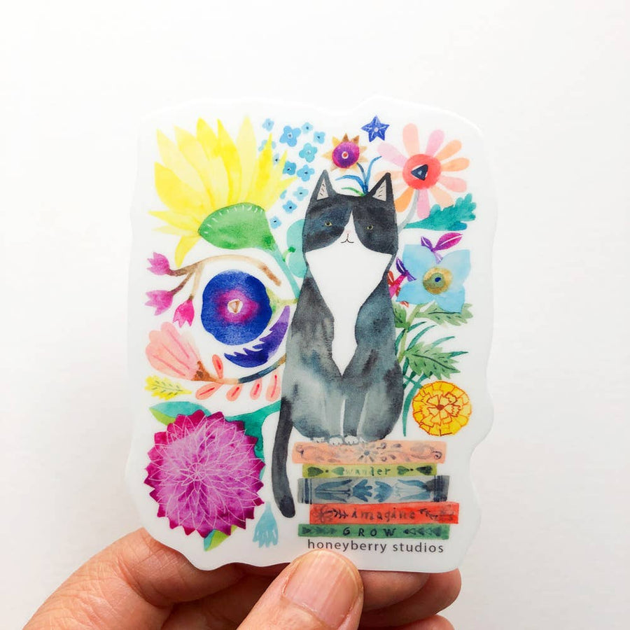 Honeyberry Studios Cards Tuxedo Cat & Books Vinyl Sticker