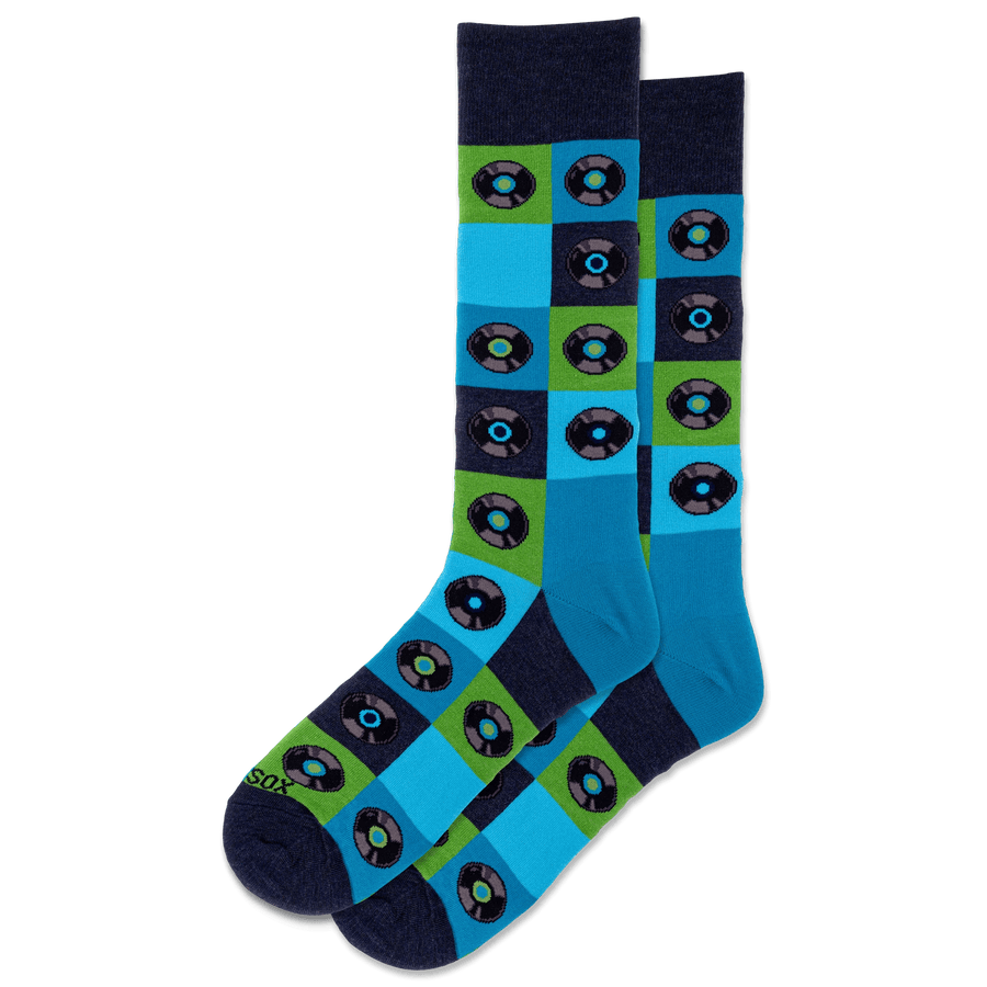 Hotsox Socks Men's Record Grid Blue Crew Socks