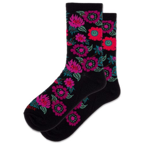 Hotsox Socks Women's Fuzzy Flowers Black Crew Socks