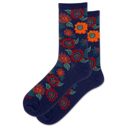 Hotsox Socks Women's Fuzzy Flowers Navy Crew Socks