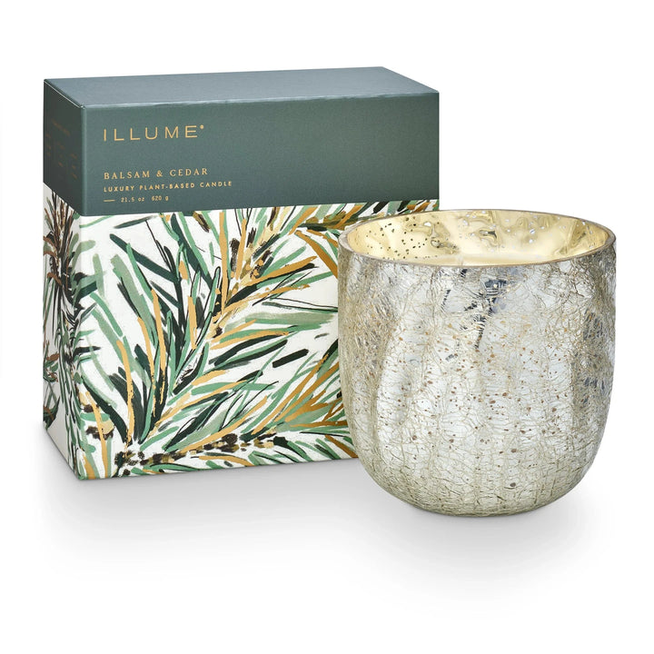Illume Holiday Balsam & Cedar Large Boxed Crackle Glass Candle