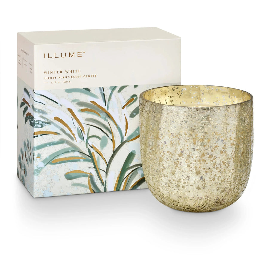 Illume Holiday Winter White Large Boxed Crackle Glass Candle