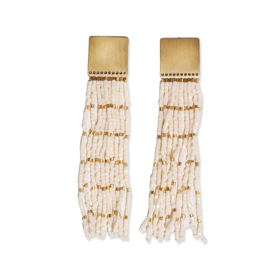 Ink + Alloy Earrings Harlow Brass Top With Gold Stripe Beaded Fringe Earrings - Ivory