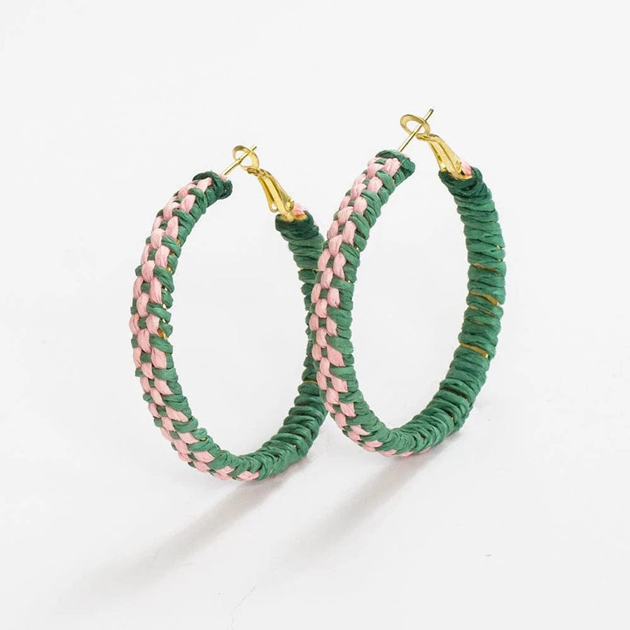 Ink + Alloy Earrings Holly Two-Color Woven Raffia Hoops Kelly Green/Pink