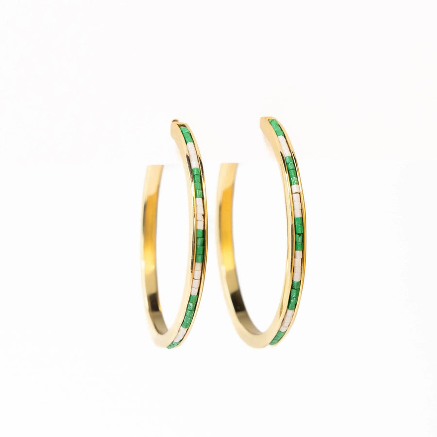 Ink + Alloy Earrings Lulu Hoop Earring Brass With Chanel Of Seed Bead - Kelly Green