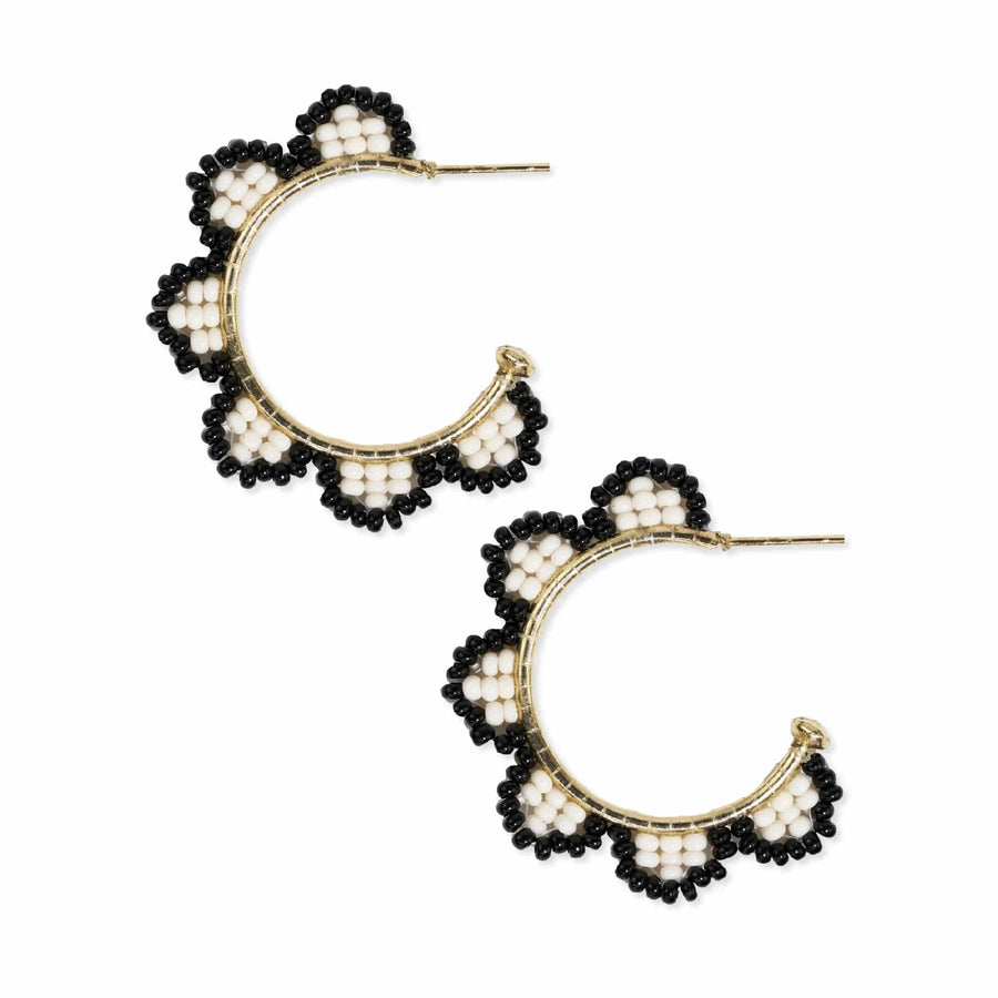 Ink + Alloy Earrings Luna Beaded Scallop Gold Hoop - Black and White