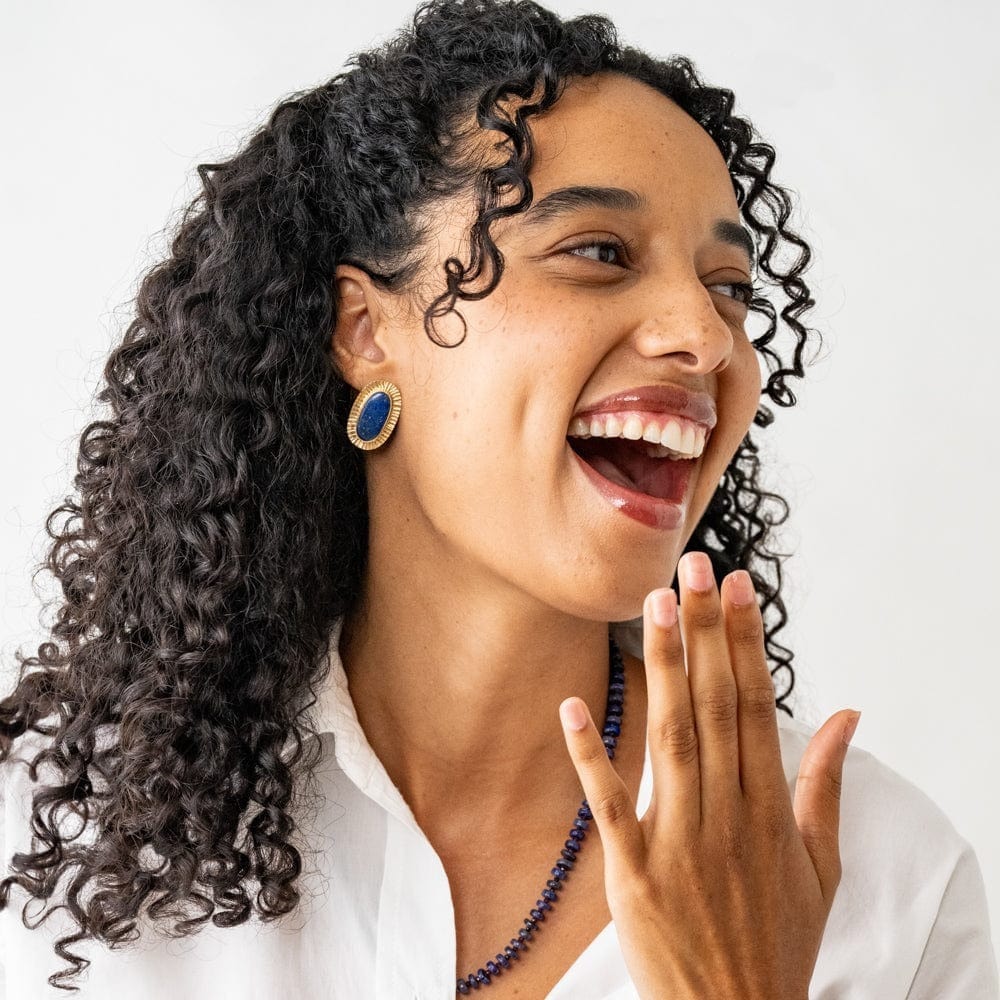 Ink + Alloy Fashion Daphne Oval Stone Lapis Post Brass Earrings