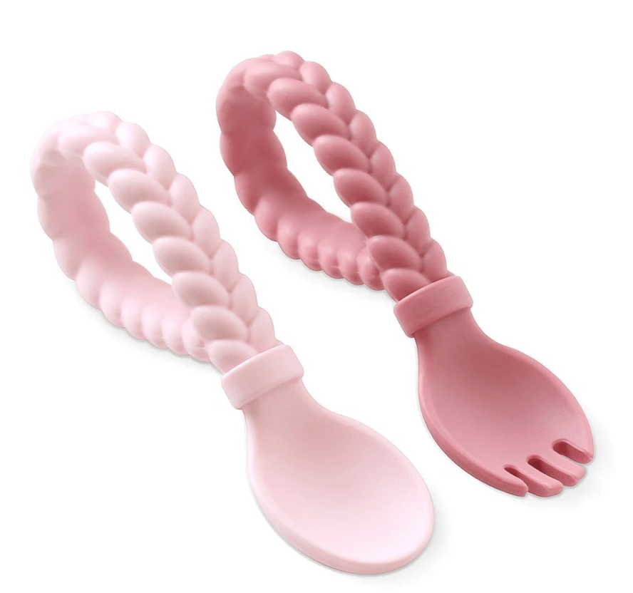 Itzy Ritzy Feeding Pink Sweetie Spoons - Silicone Baby Fork + Spoon Set