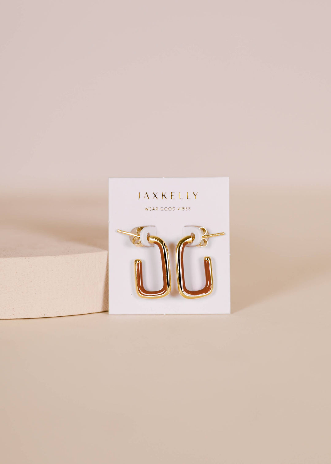 JaxKelly Earrings Brown Enamel Large Rectangle Gold Hoop Earrings