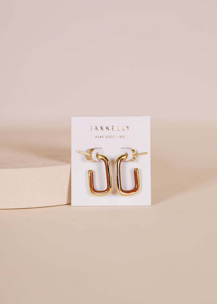 JaxKelly Earrings Brown Enamel Large Rectangle Gold Hoop Earrings