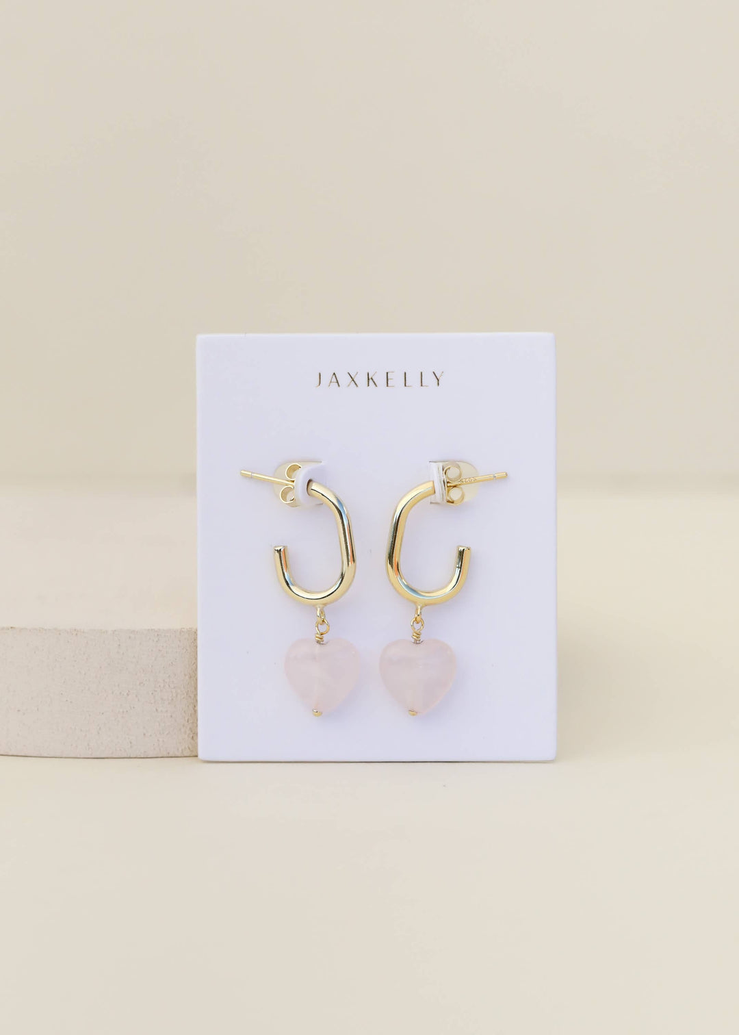 JaxKelly Fashion Heart Drop -Rose Quartz - Gold Earrings