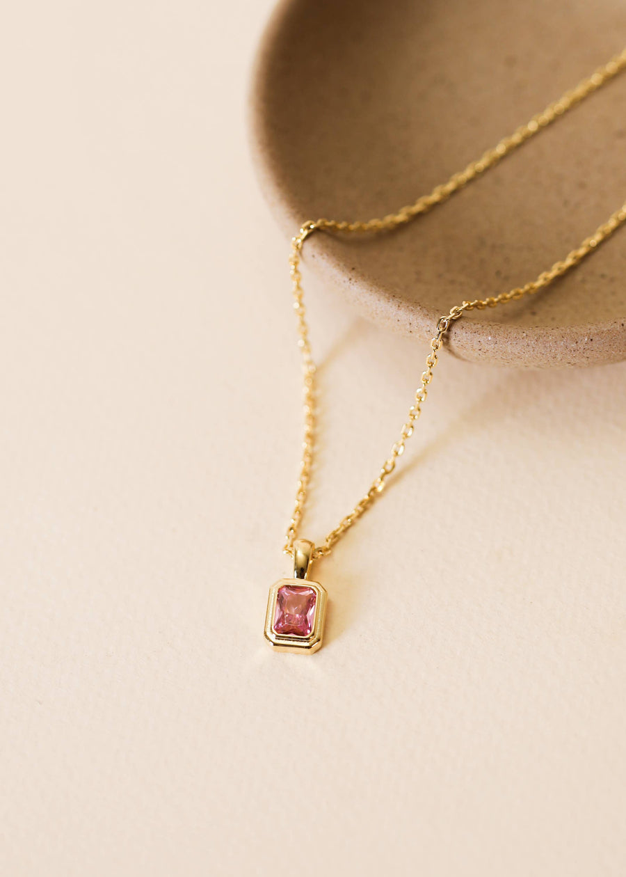 JaxKelly Fashion Rectangular Gold Baguette Pendant Necklace - Light Pink Gem
