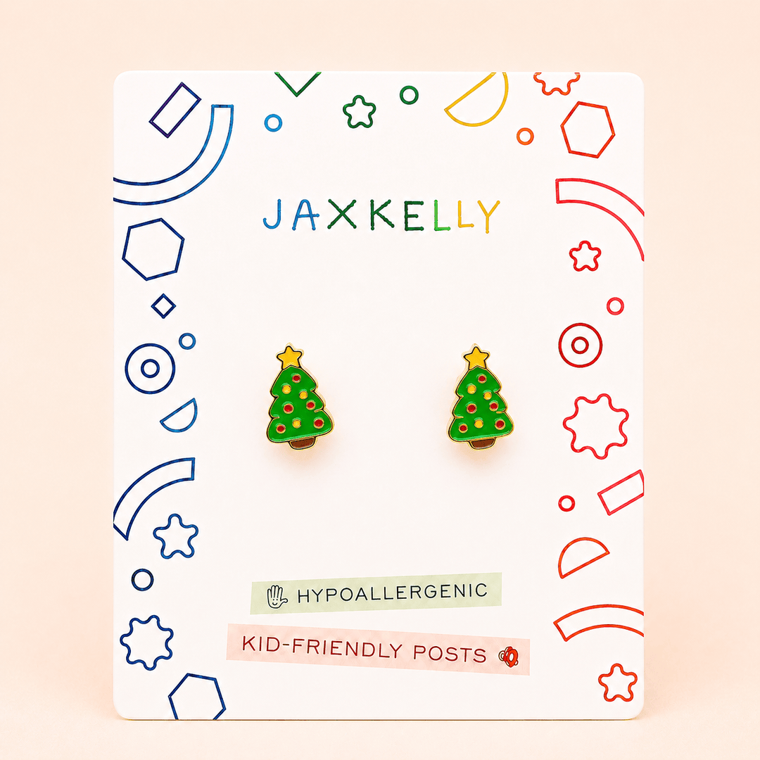JaxKelly Holiday Christmas Tree Enamel Flat Back Earrings